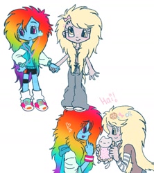 Size: 1376x1547 | Tagged: safe, artist:sweetpinkheart0, imported from derpibooru, derpy hooves, rainbow dash, human, derpydash, duo, duo female, female, holding hands, humanized, lesbian, nyan cat, shipping, simple background, white background