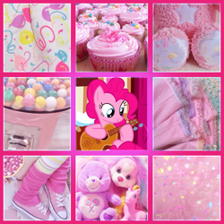 Size: 1280x1280 | Tagged: safe, artist:pixiecutz, imported from derpibooru, pinkie pie, dog, acoustic guitar, balloon, candy, care bears, clothes, cupcake, fabric, food, glitter, guitar, gumball, gumball machine, moodboard, musical instrument, plushie, puppy, shoes