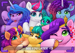 Size: 3000x2121 | Tagged: safe, artist:rivin177, imported from derpibooru, hitch trailblazer, izzy moonbow, pipp petals, sunny starscout, zipp storm, earth pony, pegasus, pony, unicorn, spoiler:g5, adorapipp, adorazipp, applejack (g5), belly, bracelet, camera shot, cute, female, floating heart, fluttershy (g5), g5, grin, group photo, heart, hitch trailblazer gets all the mares, hooves, horn, jewelry, looking at you, m, male, mane five, mane seven (g5), mane six (g5), mane stripe sunny, mare, misty brightdawn, mistybetes, my little pony: make your mark, pinkie pie (g5), rainbow dash (g5), raised hoof, rarity (g5), rebirth misty, simple background, smiling, smirk, sparky sparkeroni, stallion, sunnybetes, text, tongue out, twilight sparkle (g5), underhoof, unshorn fetlocks