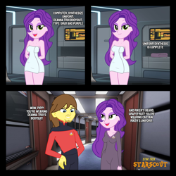 Size: 1900x1900 | Tagged: safe, artist:robertsonskywa1, imported from derpibooru, pipp petals, oc, oc:grapefruit face, equestria girls, bodysuit, canon x oc, clothes, deanna troi, equestria girls-ified, female, g5, g5 to equestria girls, g5 to g4, generation leap, grapepipp, lcars, male, photo, shipping, skinny pipp, star trek, star trek: starscout, star trek: the next generation, story included, straight, text, towel, uniform, william riker