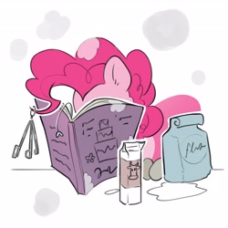 Size: 4096x4096 | Tagged: safe, artist:opalacorn, imported from derpibooru, pinkie pie, earth pony, pony, book, cookbook, egg (food), female, flour, food, inktober, inktober 2024, mare, measuring spoon, milk carton, simple background, solo, white background