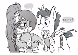 Size: 4096x2889 | Tagged: safe, artist:opalacorn, imported from derpibooru, oc, oc only, oc:ondrea, oc:thunder run, bat pony, pegasus, pony, ..., baby carrier, bat pony oc, bat wings, clothes, costume, dialogue, doll, duo, duo male and female, female, looking at each other, looking at someone, male, mare, mummy costume, narrowed eyes, nightmare night costume, simple background, stallion, toy, white background, wings