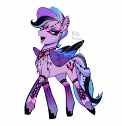 Size: 2477x2560 | Tagged: safe, artist:peachmichea, imported from derpibooru, queen haven, pegasus, pony, bow, colored wings, ear piercing, earring, emo, face paint, female, g5, jewelry, legwear, lidded eyes, mare, multicolored wings, open mouth, open smile, piercing, simple background, smiling, solo, white background, wings