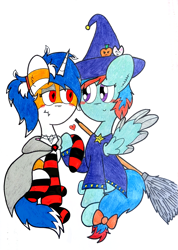 Size: 2119x2970 | Tagged: safe, artist:thunderrainbowshadow, imported from derpibooru, oc, oc only, oc:murky silentium, oc:watercolor (the coco clan), monster pony, pegasus, pony, unicorn, 2024, :3, art trade, blade, blades, blue mane, blue tail, blush sticker, blushing, bow, broom, c:, cape, catchlights, clothes, coat markings, colored, costume, cyan coat, duo, duo female, ear fluff, ears up, eyelashes, facial markings, fangs, female, female oc, flat colors, floating heart, friends with benefits, hairband, halloween, halloween costume, happy, hat, heart, high res, holiday, hooves, horn, lesbian, lidded eyes, looking at each other, looking at someone, magenta eyes, mane, mare, mare oc, mare on mare, no shading, oc x oc, older female, partial transformation, pegasus oc, pegasus wings, pony oc, pony on pony action, ponytail, quadrupedal, shipping, short mane, simple background, smiling, socks, spread wings, stripes, tail, tail bow, three quarter view, traditional art, two toned coat, two toned mane, two toned tail, unicorn oc, weapon, white background, white mane, white tail, wingblade, wings, witch costume, witch hat, younger female