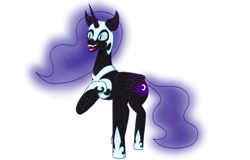 Size: 3900x2500 | Tagged: safe, artist:nismorose, imported from derpibooru, nightmare moon, alicorn, pony, armor, cheek fluff, chest fluff, ear fluff, ethereal mane, ethereal tail, horn, long horn, mlp fim's fourteenth anniversary, sharp teeth, simple background, slit pupils, starry mane, starry tail, tail, teeth, transparent background, wings