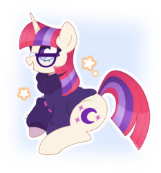 Size: 1400x1500 | Tagged: safe, artist:vivian reed, imported from derpibooru, moondancer, pony, unicorn, clothes, female, glasses, horn, mare, open mouth, open smile, smiling, solo, stars, sweater