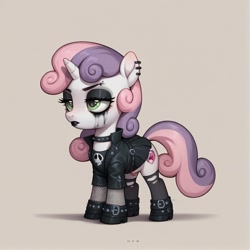 Size: 1080x1080 | Tagged: safe, imported from derpibooru, sweetie belle, unicorn, ai content, ai generated, belts, black lipstick, choker, clothes, ear piercing, eyelashes, eyeliner, female, filly, foal, generator:autismmix pony, goth, gothic lolita, heavy makeup, horn, lipstick, lolita fashion, makeup, mascara, piercing, prompter:mareujuana, ripped stockings, running makeup, skirt, socks, stockings, thigh highs, torn clothes