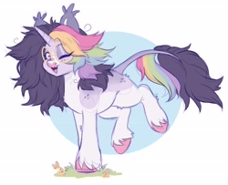 Size: 3576x2904 | Tagged: safe, artist:cheekipone, oc, oc only, pony, unicorn, ear tufts, fangs, female, flower, glasses, grass, hopping, horn, looking at you, mare, one eye closed, open smile, passepartout, solo, tail, unicorn oc, unshorn fetlocks, wink