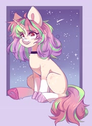 Size: 2360x3248 | Tagged: safe, artist:cheekipone, oc, oc only, pony, unicorn, choker, female, hoof heart, horn, mare, passepartout, sitting, solo, stars, underhoof, unicorn oc, worried