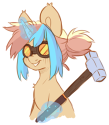 Size: 538x618 | Tagged: safe, artist:cheekipone, oc, oc only, oc:star screw, pony, unicorn, female, goggles, hammer, horn, magic, mare, simple background, sledgehammer, smiling, solo, unicorn oc, white background