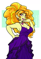 Size: 1200x1726 | Tagged: safe, artist:ambris, imported from derpibooru, adagio dazzle, human, equestria girls, bluesky, bluesky link, breasts, choker, cleavage, clothes, curly hair, dress, eyeshadow, female, fingernails, gem, hairband, makeup, meta, nail polish, nails, open mouth, open smile, purple dress, purple nail polish, sideboob, siren gem, smiling, solo, twitter, twitter link, yellow eyeshadow