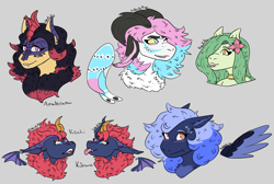 Size: 3049x2052 | Tagged: safe, artist:hiddenfaithy, imported from derpibooru, oc, oc only, oc:amaterasu, oc:curio, oc:keahi, oc:konane, oc:lamey, oc:syren, bat pony, draconequus, hybrid, kirin, lamia, original species, blushing, bust, clothes, commission, flats, shoes, siblings, simple background, sketch, twins