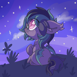 Size: 3000x3000 | Tagged: safe, artist:starlightlore, imported from derpibooru, oc, oc only, oc:pulse, bat pony, pony, bat pony oc, bat wings, female, filly, foal, glasses, night, solo, stars, wings