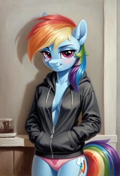 Size: 800x1169 | Tagged: safe, imported from derpibooru, rainbow dash, anthro, pegasus, ai content, ai generated, braless, breasts, clothes, female, generator:civitai, generator:pony diffusion v6 xl, generator:stable diffusion, hoodie, indoors, looking at you, panties, pink panties, prompter:nickdisneyfan78, solo, underwear