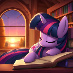 Size: 2048x2048 | Tagged: safe, imported from derpibooru, twilight sparkle, alicorn, pony, ai content, ai generated, book, bookhorse, bookshelf, library, prompter:ponaiart, sleeping, solo, sun, twilight sparkle (alicorn), window