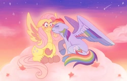 Size: 2405x1538 | Tagged: safe, artist:nzumsu, imported from derpibooru, fluttershy, rainbow dash, pegasus, pony, blushing, cloud, duo, duo female, female, flutterdash, lesbian, mare, on a cloud, shipping, sitting, sitting on a cloud, sky, stars