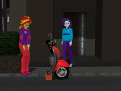 Size: 1024x768 | Tagged: safe, artist:ardoplasma41, imported from derpibooru, rarity, sunset shimmer, equestria girls, 3d, brick, female, half, lesbian, lost, mmd, modular, motorcycle, night, scooter, shipping, stolen, story, story in the source, story included, sunsarity