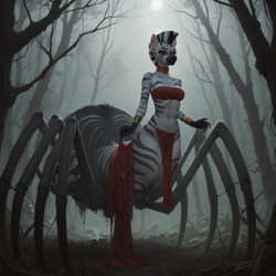 Size: 2432x2432 | Tagged: safe, imported from derpibooru, zecora, arachnid, drider, monster pony, original species, spider, spiderpony, zebra, series:monsters of the everfree forest, ai content, ai generated, breasts, busty zecora, clothes, dark forest, erect nipples, female, fog, forest, generator:pony diffusion v6 xl, generator:stable diffusion, moon, nature, night, nightmare night, nipple outline, outdoors, prompter:star-dragon, race swap, red eyes, small breasts, solo, tree