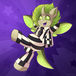 Size: 2700x2700 | Tagged: safe, artist:madelinne, imported from derpibooru, oc, oc only, oc:copycat, beetlejuice, clothes, cosplay, costume, happy, male, solo, stallion