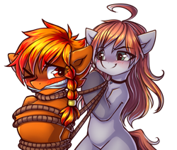 Size: 4164x3508 | Tagged: safe, alternate version, artist:chaosangeldesu, imported from derpibooru, oc, oc only, oc:flaming hoof, earth pony, pegasus, pony, blushing, bondage, commission, duo, duo female, female, gag, one eye closed, one eye open, rope, rope bondage, sketch