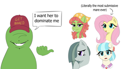 Size: 2577x1418 | Tagged: safe, artist:lillslim, imported from derpibooru, coco pommel, fluttershy, marble pie, tree hugger, oc, oc:anon, earth pony, pegasus, pony, accessory, cap, dialogue, drawthread, drugs, female, hat, joint, lidded eyes, looking at you, mare, marijuana, meme, ponified, ponified meme, requested art, smiling, smiling at you, speech bubble, text