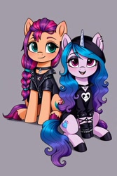 Size: 720x1080 | Tagged: safe, imported from derpibooru, izzy moonbow, sunny starscout, earth pony, pony, unicorn, ai content, ai generated, duo, female, g5, horn, mare, sitting, smiling