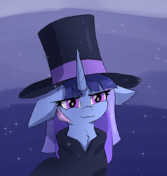 Size: 1684x1772 | Tagged: safe, imported from derpibooru, oc, oc only, oc:flawless sparklemoon, pony, unicorn, cloak, clothes, evil grin, female, fusion, fusion:trixie, fusion:twilight sparkle, fusion:twixie, grin, hat, horn, looking at you, magician outfit, my little pony the movie: the death of twilight sparkle, simple background, smiling, solo, solo female, starry eyes, top hat, unicorn oc, wingding eyes