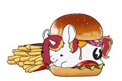 Size: 2168x1430 | Tagged: safe, artist:aliceg, imported from derpibooru, oc, oc only, oc:lazy sunday, pony, unicorn, burger, commission, food, horn, silly, solo, ych result