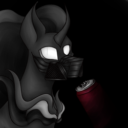 Size: 3000x3000 | Tagged: safe, artist:darklight1315, imported from derpibooru, pony of shadows, shadow lock, fallout equestria, black background, drink, energy drink, fallout equestria: mayday, glowing, glowing eyes, respirator, simple background, solo