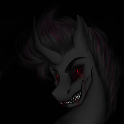 Size: 3000x3000 | Tagged: safe, artist:darklight1315, imported from derpibooru, pony of shadows, oc, oc only, oc:catharsis, fallout equestria, black background, fallout equestria: mayday, fangs, simple background, solo