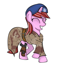 Size: 1280x1281 | Tagged: safe, artist:raritykaiba, imported from derpibooru, oc, oc only, oc:desert rose (viva las pegasus), pony, unicorn, fallout equestria, fallout equestria: viva las pegasus, belt, beret, cloak, clothes, eyes closed, fanfic art, female, female oc, filly, filly oc, foal, gun, handgun, hat, holster, horn, pistol, raised hoof, simple background, smiling, solo, transparent background, two toned mane, unicorn oc, weapon