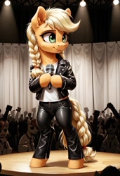 Size: 800x1169 | Tagged: safe, imported from derpibooru, applejack, pony, semi-anthro, 8 mile, ai content, ai generated, bipedal, braid, clothes, crowd, female, generator:pony diffusion v6 xl, generator:stable diffusion, indoors, jacket, leather, leather jacket, leather pants, mare, microphone, pants, prompter:gregorymars, rap battle, solo, stage, standing