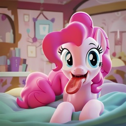 Size: 4096x4096 | Tagged: safe, imported from twibooru, pinkie pie, earth pony, pony, ai content, ai generated, anonymous prompter, bed, drool, generator:pony diffusion v6 xl, generator:purplesmart.ai, image, indoors, lying on bed, on bed, png, salivating, solo, tongue out