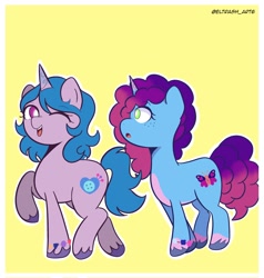 Size: 1949x2048 | Tagged: safe, artist:eltrash_art6, imported from derpibooru, izzy moonbow, pony, unicorn, bracelet, duo, duo female, end of g5, female, g5, horn, jewelry, mare, markings, misty brightdawn, one eye closed, open mouth, rebirth misty, simple background, unshorn fetlocks, wink, yellow background