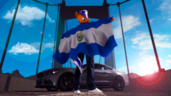 Size: 3840x2160 | Tagged: safe, artist:shadowuwu, oc, oc only, anthro, 3d, car, flag, ford mustang, looking back, male