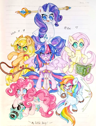 Size: 1456x1920 | Tagged: safe, artist:肝到驾崩, imported from derpibooru, applejack, fluttershy, pinkie pie, rainbow dash, rarity, twilight sparkle, alicorn, earth pony, pegasus, pony, unicorn, canon, clothes, cute, dashabetes, diapinkes, gloves, horn, jackabetes, lined paper, magic book, mlp fim's fourteenth anniversary, raribetes, shyabetes, sword, traditional art, twiabetes, wand, weapon, whip