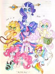 Size: 3552x4736 | Tagged: safe, artist:肝到驾崩, imported from derpibooru, applejack, fluttershy, pinkie pie, rainbow dash, rarity, twilight sparkle, lined paper, mlp fim's fourteenth anniversary, traditional art, weapon