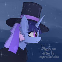 Size: 1920x1902 | Tagged: safe, artist:naza, imported from derpibooru, oc, oc:flawless sparklemoon, pony, unicorn, cloak, clothes, fusion, fusion:trixie, fusion:twilight sparkle, fusion:twixie, hat, horn, looking forward, magician outfit, my little pony the movie: the death of twilight sparkle, simple background, solo, text, top hat