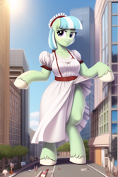 Size: 512x768 | Tagged: safe, imported from derpibooru, coco pommel, earth pony, pony, semi-anthro, ai content, ai generated, artificial intelligence, city, clothes, female, generator:novelai, generator:stable diffusion, giant pony, giantess, macro, maid, maid headdress, solo, standing, standing on two hooves