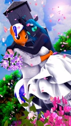 Size: 1152x2048 | Tagged: safe, artist:shadowuwu, queen chrysalis, oc, oc only, anthro, 3d, breasts, clothes, dress, duo male and female, female, wedding dress