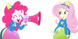 Size: 4476x2271 | Tagged: safe, edit, edited screencap, editor:mrtoonlover83, imported from derpibooru, screencap, fluttershy, pinkie pie, equestria girls, background removed, duo, duo female, female, megaphone, needs more jpeg, not a vector, simple background, transparent background, wondercolt ears, wondercolts uniform