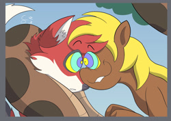 Size: 1439x1021 | Tagged: safe, artist:feger23, imported from derpibooru, oc, oc only, oc:azuri foxcoon, oc:mesme rize, lamia, original species, coiling, coils, foxcoon, hypno eyes, hypnosis, kaa eyes, looking at each other, looking at someone, smiling