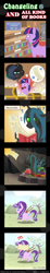 Size: 600x3263 | Tagged: safe, artist:vavacung, imported from derpibooru, queen chrysalis, starlight glimmer, twilight sparkle, changeling, pony, comic:changeling and all kind of books, book, cave, comic, female, horn, pointy ponies, staff, staff of sameness