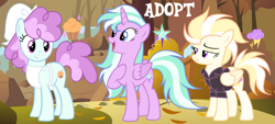 Size: 1280x579 | Tagged: safe, artist:vi45, imported from derpibooru, oc, oc only, alicorn, earth pony, pegasus, pony, apron, clothes, female, forest, leaves, mare, nature, tree, trio, trio female