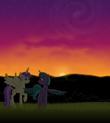 Size: 1988x2218 | Tagged: safe, artist:equestriaexploration, imported from derpibooru, alula, pluto, princess erroria, pony, 4chan, g5, older, shiny sparks, sunset
