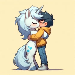 Size: 1024x1024 | Tagged: safe, imported from derpibooru, oc, human, unicorn, ai content, ai generated, black hair, blushing, clothes, cute, cutie mark, denim, duo, eyes closed, generator:bing image creator, generator:dall-e 3, grey hooves, horn, hug, jeans, kiss on the lips, kissing, pants, shading, simple, simple background, tan skin, unicorn oc, white fur, white mane, white shoes, yellow background, yellow hoodie
