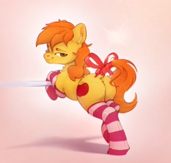 Size: 2150x2058 | Tagged: safe, artist:itssim, imported from derpibooru, braeburn, earth pony, pony, bow, braebutt, butt, clothes, ear fluff, looking at you, male, missing accessory, missing hat, shoulder fluff, smiling, socks, stallion, tail, tail bow