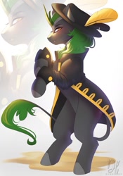 Size: 888x1265 | Tagged: safe, artist:bambudess, imported from derpibooru, oc, oc only, kirin, clothes, cloven hooves, coat, curved horn, hat, horn, leonine tail, pirate, pirate costume, rearing, solo, tail