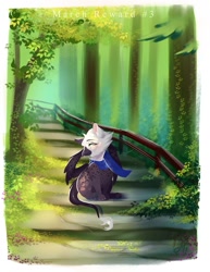 Size: 977x1265 | Tagged: safe, artist:bambudess, imported from derpibooru, oc, oc only, griffon, clothes, forest, nature, scarf, solo, tree