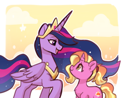 Size: 1280x1024 | Tagged: safe, artist:oofycolorful, imported from derpibooru, luster dawn, twilight sparkle, alicorn, pony, unicorn, the last problem, chest fluff, cloud, female, horn, mare, older, older twilight, older twilight sparkle (alicorn), open mouth, princess twilight 2.0, profile, twilight sparkle (alicorn)